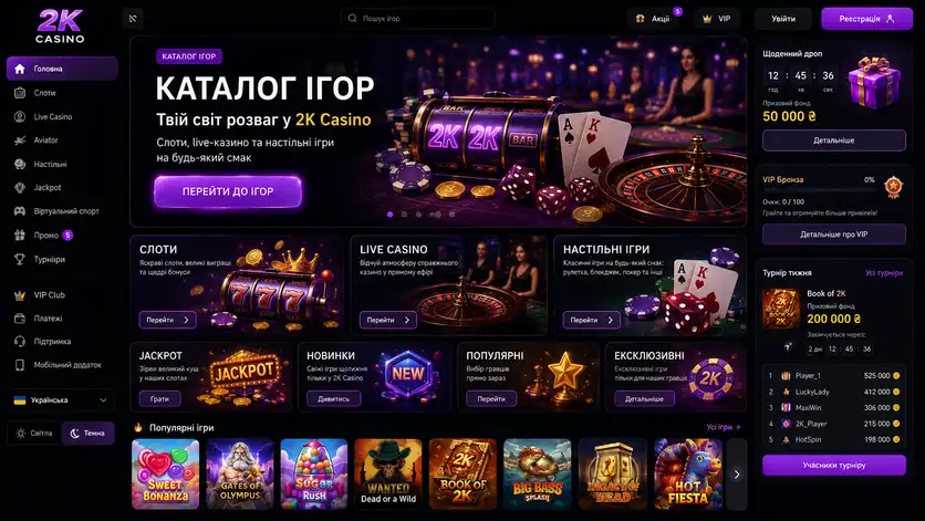 Каталог игр казино 2К: секции слотов, live-казино, настольных игр и джекпотов