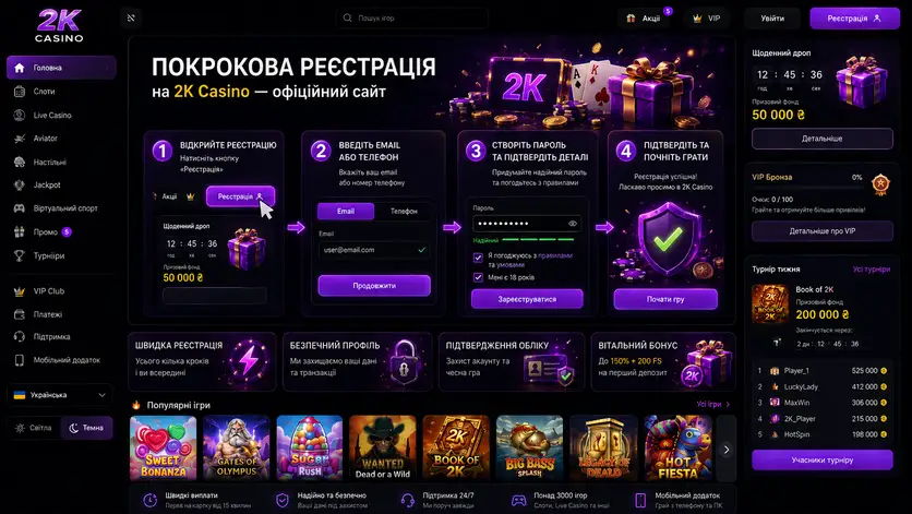 Пошаговая регистрация в казино 2К: четыре экрана от кнопки регистрации до подтверждения аккаунта